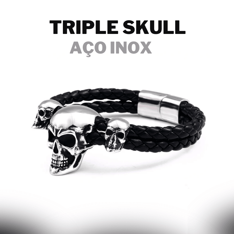 Pulseira Punk Triple Skull Aço Inox - Rocktude