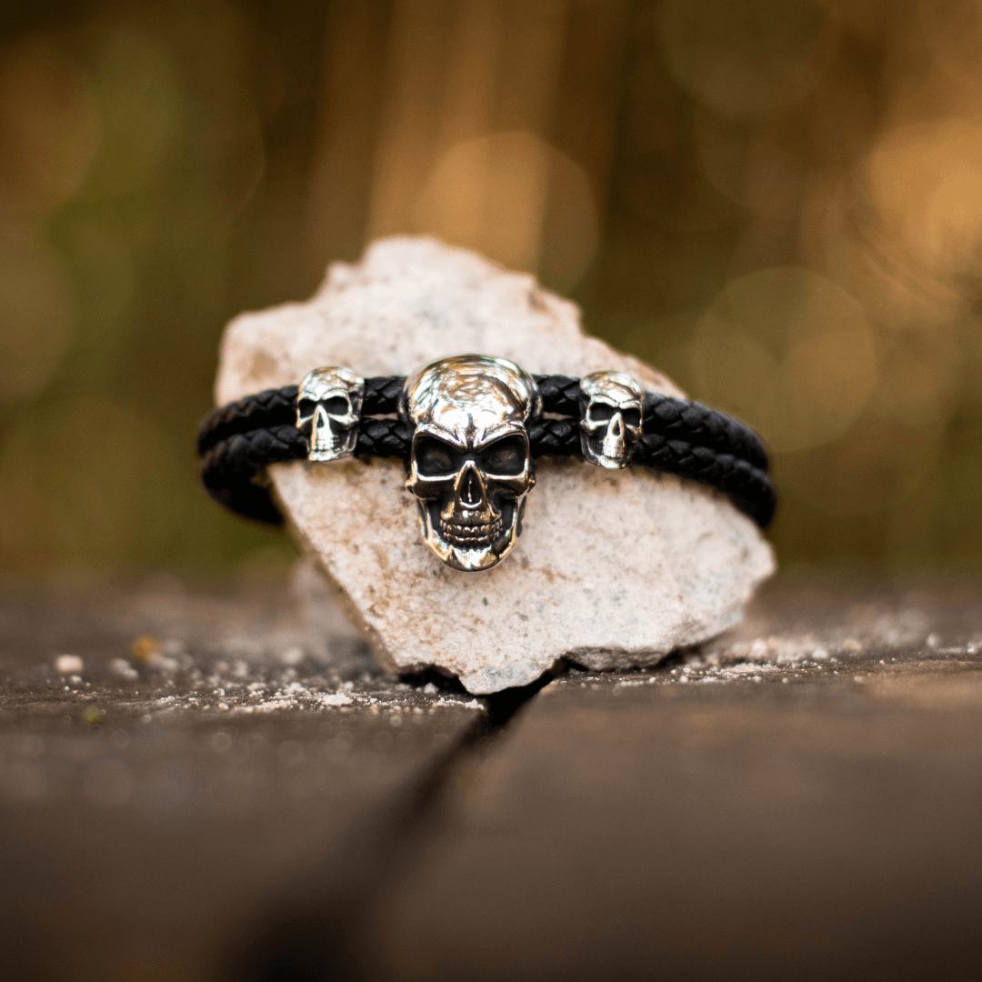 Pulseira Punk Triple Skull Aço Inox - Rocktude