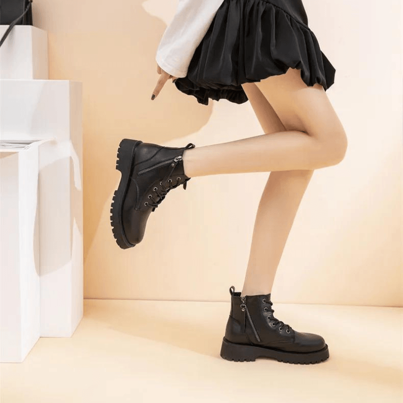 Bota Coturno Feminina Couro Zíper Duplo - Rocktude