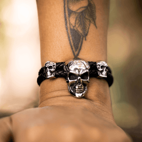 Pulseira Punk Triple Skull Aço Inox - Rocktude