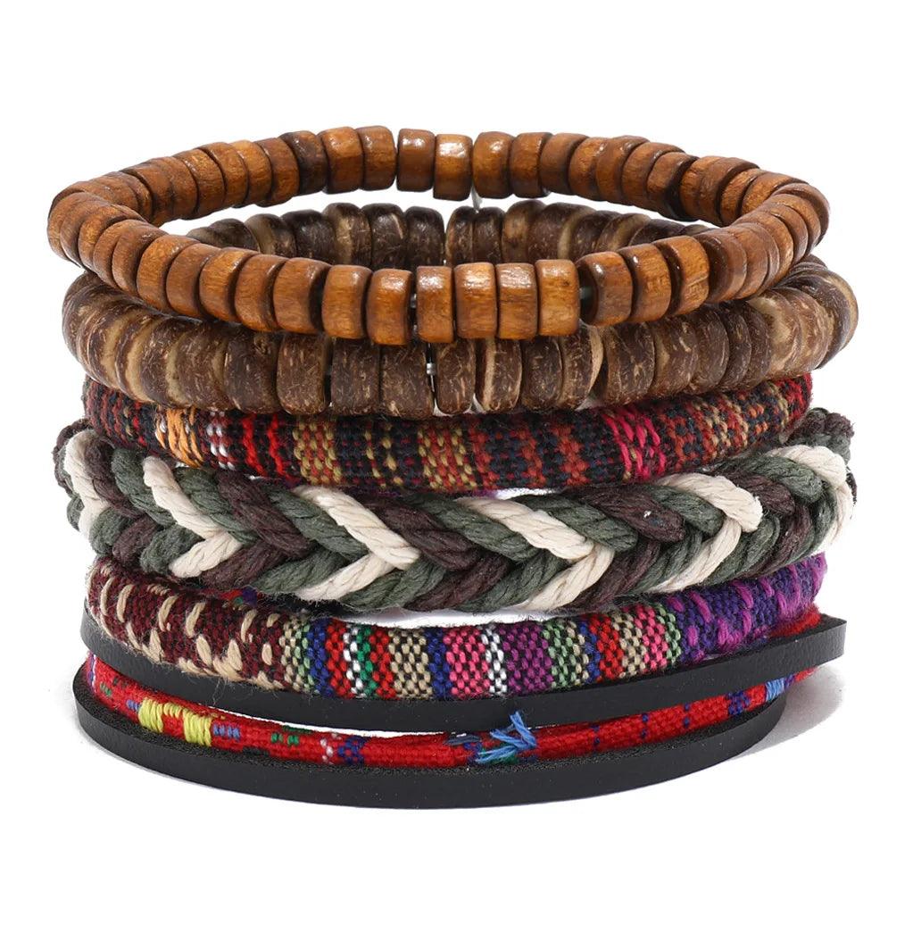 Pulseira Tribal Couro Trançado 6 Peças - Rocktude