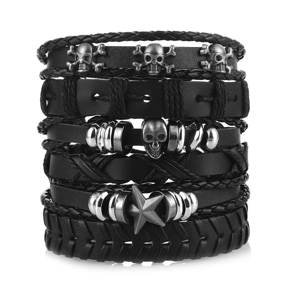 Pulseira Bracelete Punk Couro Skull 6 Peças - Rocktude