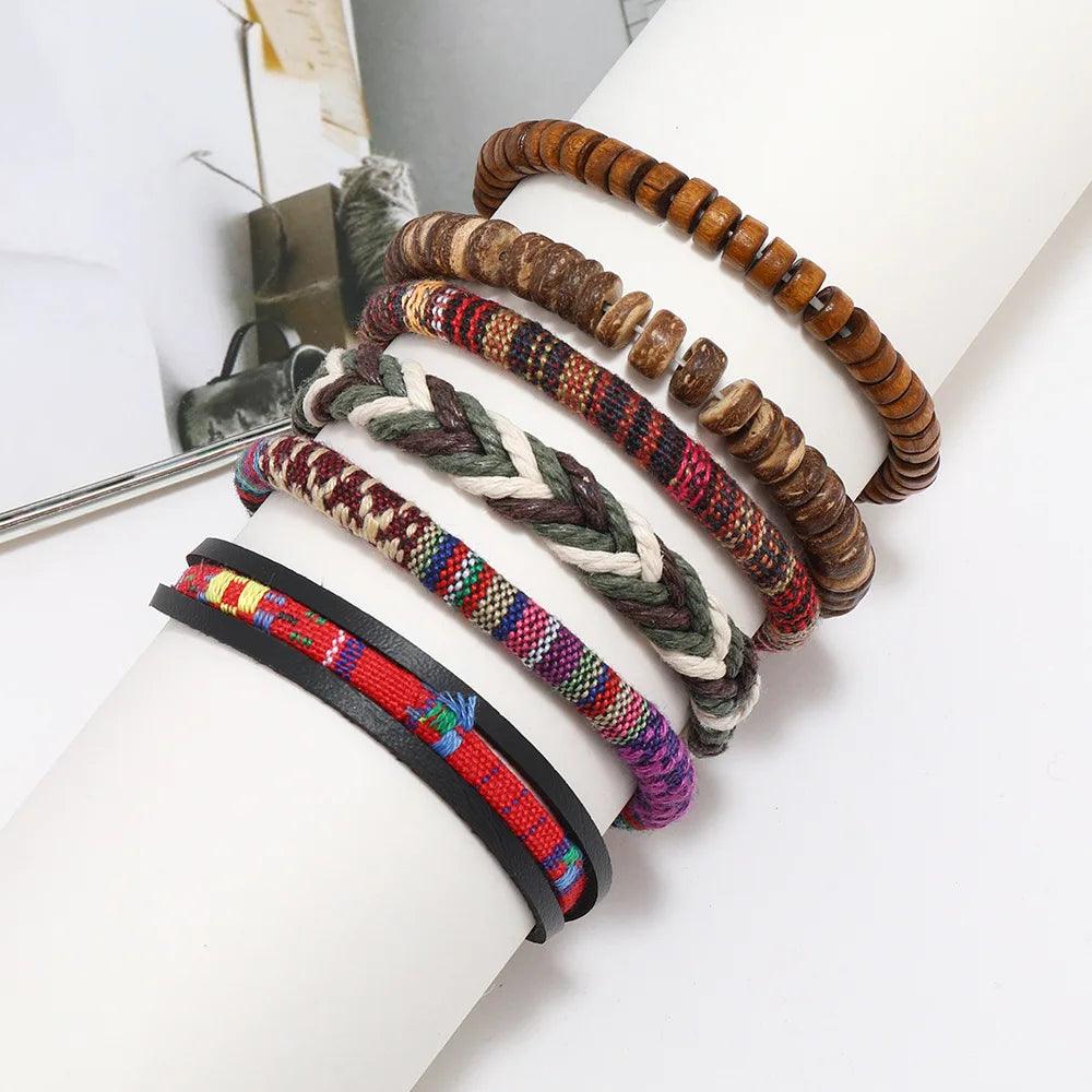 Pulseira Couro Tribal Trançado 6 Peças - Rocktude