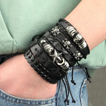 Pulseira Bracelete Punk Couro Skull 6 Peças - Rocktude