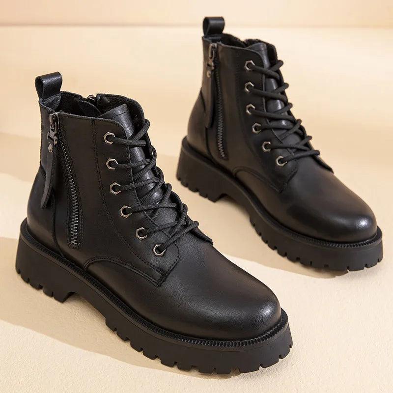 Bota Coturno Feminina Couro Zíper Duplo - Rocktude