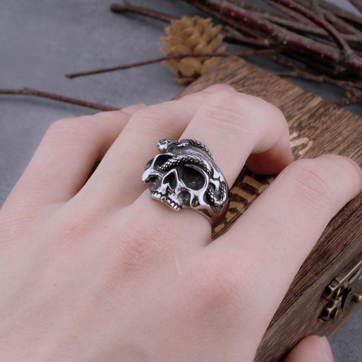 Anel Snake Wrapped Skull Aço Inox - Rocktude