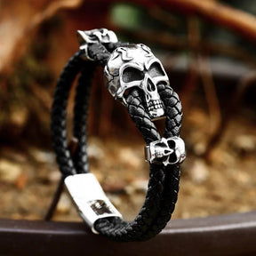 Pulseira de Couro Caveira Aço Inoxidável - Rocktude