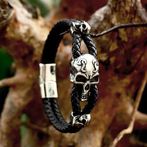 Pulseira de Couro Caveira Aço Inoxidável - Rocktude