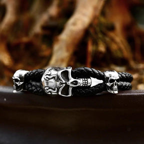 Pulseira de Couro Caveira Aço Inoxidável - Rocktude