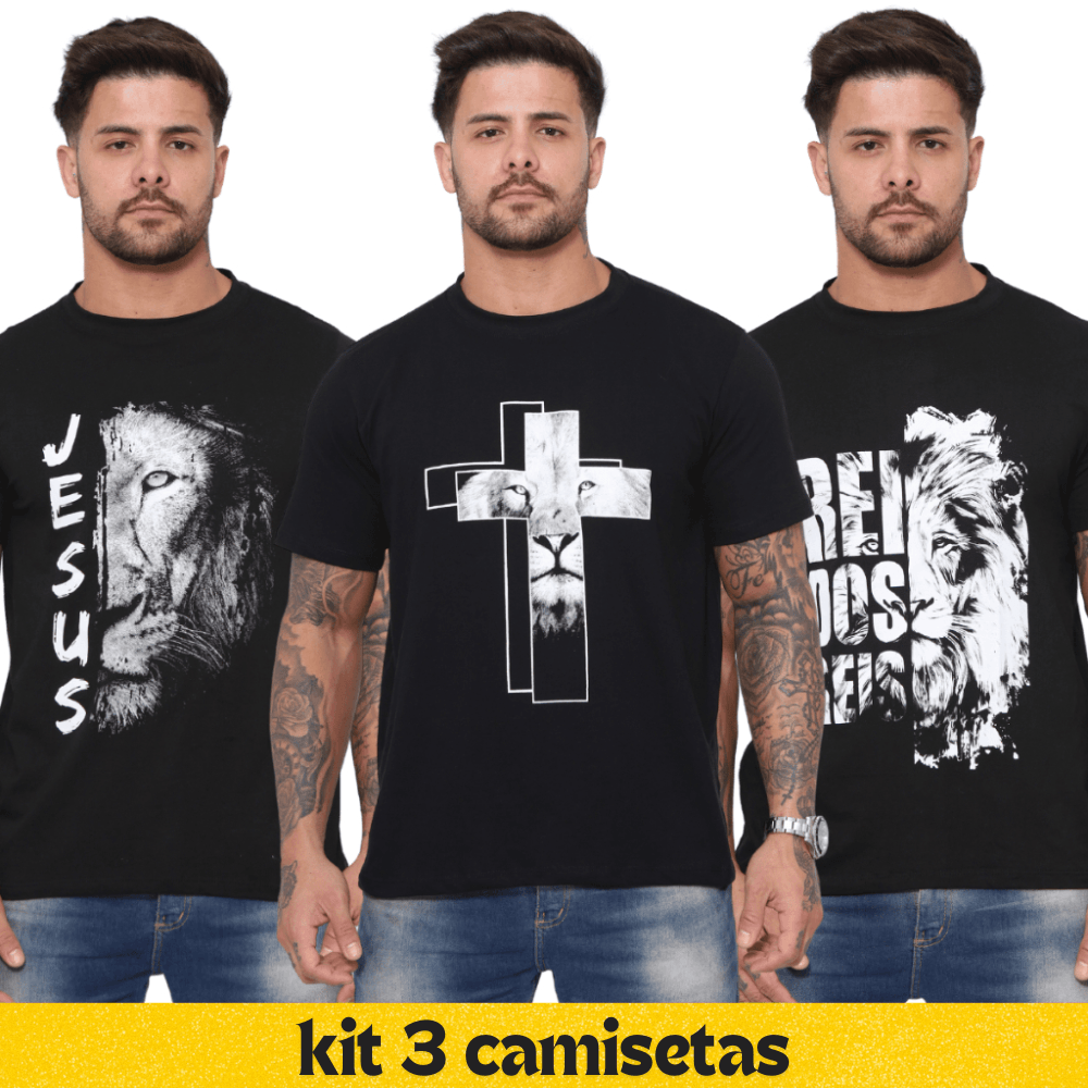 Kit 03 Camiseta Masculina Fé Jesus Leão